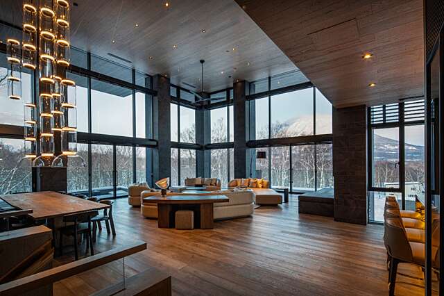 Corniche hirafu living room with mt yotei view